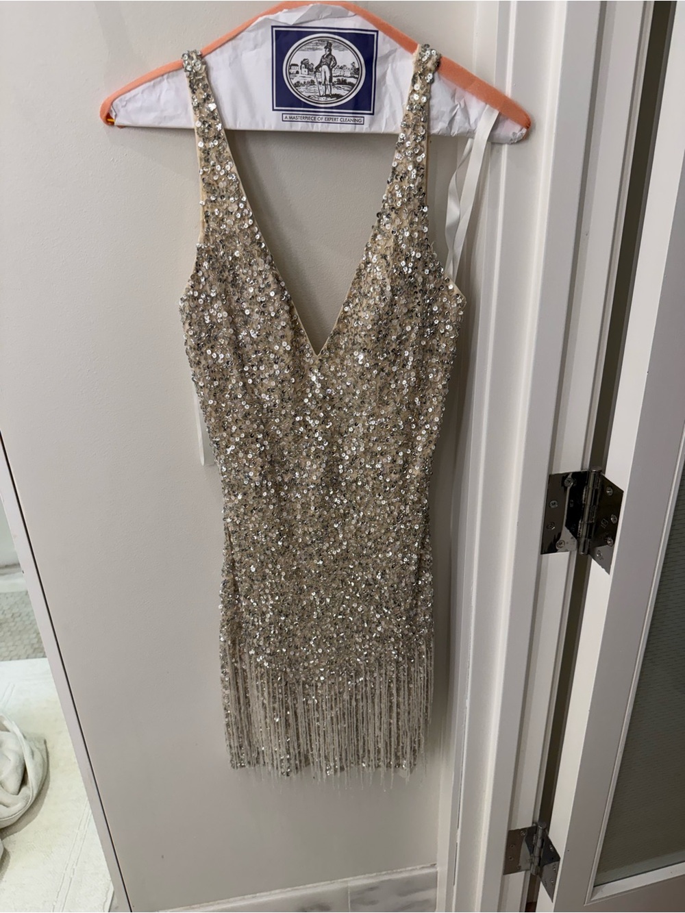 Mac Duggel Sequin Fringe V-Neck Party Dress in Gold - Picture 4 of 6